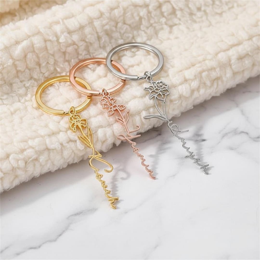 Custom Keychain With Name - Personalized Birthday Flower Keychain, 18K ...