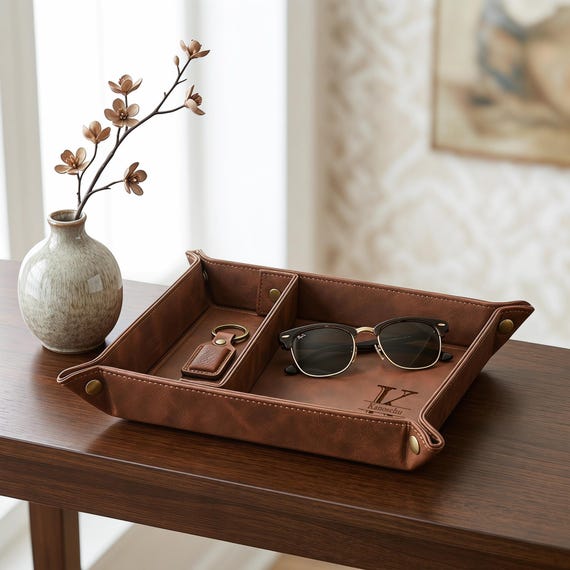 Personalized Vintage Leather Valet Tray | Custom Laser Engraved Catchall Tray for Men | Desk Organizer, Fathers Day Gift, Groomsmen Gift
