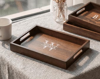 Personalized Serving Tray with Handles, Custom Name Date Wooden Breakfast Tray, Engraved Bamboo Tray, Wedding Anniversary Housewarming Gifts