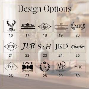May include: A grid of fifteen black graphic design options labeled 16 through 30, featuring various monograms, names, and symbols including a deer, mountains, crowns, laurel wreaths, and a bow tie, all displayed on a white background with the title Design Options.