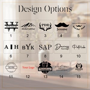 May include: A grid of fifteen black and white design options for custom engraving. Each square features unique text, monograms, or graphic icons like mountains, antlers, mustaches, and suits, numbered one through fifteen with the title Design Options.