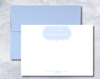 From-the-nursery flat note cards personalized with name in white within a pink or blue frame. Sets of 10 include coordinating envelopes.