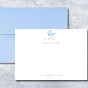 Personalized from-the-nursery flat note cards featuring a baby carriage in either pink or blue.  Sets of 10 Include coordinating envelopes.