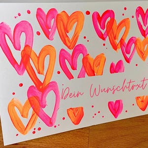Personalisierte handgemalte Karte für deinen Lieblingsmenschen - Handlettering - Text nach Wunsch -  neon Herzen - mit Umschlag