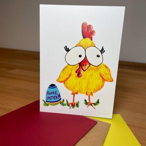 Moderne Osterkarte mit Küken und Ei - Grußkarte - Klappkarte mit gelbem Umschlag - gelbes Küken - Frohe Ostern