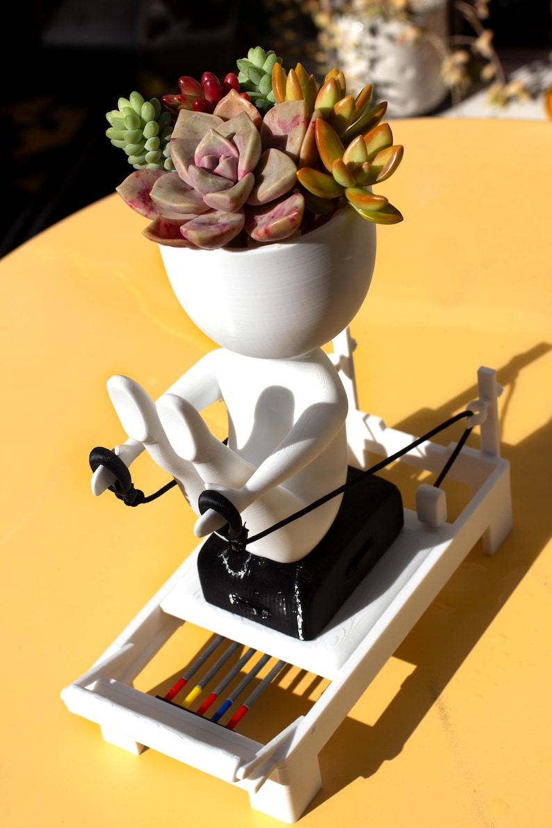 May include: A white planter shaped like a stylized figure using a rowing machine, with a head filled with a variety of green, red, and orange succulents. The rowing machine base is white with black cords and four small colored rods in red, yellow, and blue.