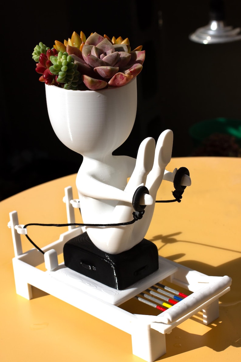 May include: A white 3D-printed planter shaped like a person performing a rowing exercise on a white and black machine. The figure's head serves as a pot containing various green, red, and purple succulents. The rowing machine features black cords and small colored rods.