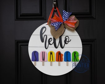 Hello Summer Door Hanger, Hand-Painted Wood Sign with Popsicle Design