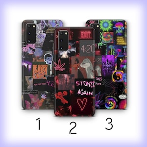 May include: Three different phone cases with a collage of images and text. The first case has a pink, purple, and black color scheme with images of a cat, a skull, and a marijuana leaf. The second case has a red, black, and white color scheme with images of a marijuana leaf, a skull, and a cartoon rabbit. The third case has a purple, black, and green color scheme with images of a mushroom, a yin yang symbol, and a peace sign.