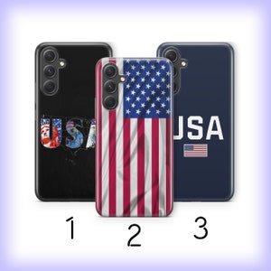 May include: Three different phone cases with American flag designs. The first case has a black background with a colorful USA graphic. The second case features a red, white, and blue American flag. The third case has a navy blue background with the word "USA" in white text and a small American flag in the bottom right corner.