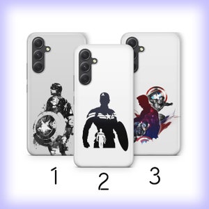 May include: Three white phone cases with different designs featuring a superhero silhouette, a superhero silhouette with a shield, and a group of superheroes. The cases are numbered 1, 2, and 3.