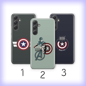 May include: Three different phone cases featuring Captain America designs. The first case is gray with a red, white, and blue Captain America shield and a red, white, and blue star. The second case is green with a Captain America design featuring a red, white, and blue shield, a red, white, and blue star, and the text "Captain America Steve Rogers". The third case is blue with a red, white, and blue Captain America shield and the text "Worthy".