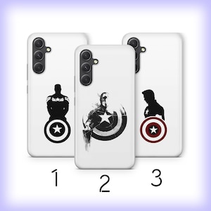 May include: Three white phone cases with different designs featuring a superhero with a shield. The first case has a silhouette of the superhero, the second case has a sketch of the superhero, and the third case has a silhouette of the superhero with a red and white shield.
