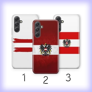 Op de afbeelding: Drie telefoonhoesjes met verschillende ontwerpen met de Oostenrijkse vlag. De eerste hoes heeft een witte achtergrond met een rood-wit Oostenrijks vlagontwerp. De tweede hoes heeft een rode achtergrond met een rood-wit Oostenrijks vlagontwerp en het Oostenrijkse wapen. De derde hoes heeft een witte achtergrond met een rood-wit Oostenrijks vlagontwerp en het Oostenrijkse wapen.