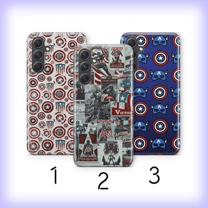 May include: Three different phone cases featuring Captain America designs. The first case has a white background with red, white, and blue Captain America shield patterns. The second case has a collage of Captain America images with a red, white, and blue color scheme. The third case has a blue background with white Captain America shield patterns and red Captain America masks.