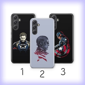 May include: Three phone cases with different designs featuring Captain America. The first case has a black background with a portrait of Captain America. The second case has a light blue background with a portrait of Captain America's head. The third case has a black background with a side view of Captain America holding his shield.