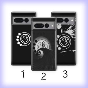 May include: Three black phone cases with unique designs. One features a white logo, another a black and white illustration with text, and the third a white splatter design with a logo. The cases are for a smartphone.
