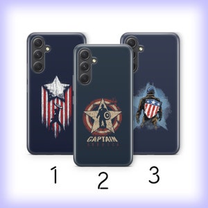 May include: Three phone cases with different designs featuring Captain America. The first case has a red, white, and blue star with a silhouette of Captain America. The second case has a red, white, and blue star with the text "Captain America". The third case has a silhouette of Captain America wearing a red, white, and blue shield.