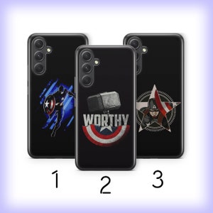 May include: Three black phone cases with different designs featuring Captain America. The first case has a blue and white design with Captain America in a fighting pose. The second case has a red, white, and blue design with the words "WORTHY" and a hammer. The third case has a black and white design with Captain America in a star.