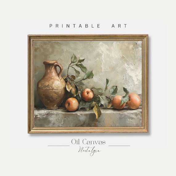 Printable Wall Art Vintage Kitchen Decor, Pitcher and Fruits Oil Painting, Rustic Farmhouse Decor, European Art, Digital Download