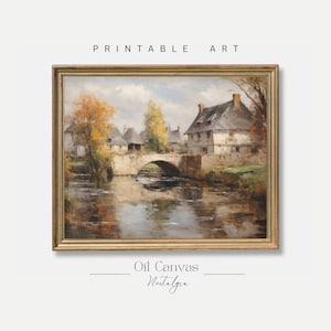 French Country Oil Painting Printable Wall Art, Vintage European Villa, Warm Farmhouse Decor, Digital Download