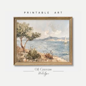 Printable Wall Art Vintage Beach Oil Painting, Summer Sea Art Ocean Decor, Costal Landscape, Blue Nautical Seascape, Digital Download