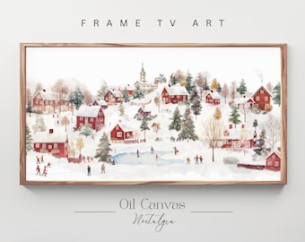 Samsung Frame TV Art Winter Village , Vintage Farmhouse Christmas Painting, Holiday Home Decor, Digital Download