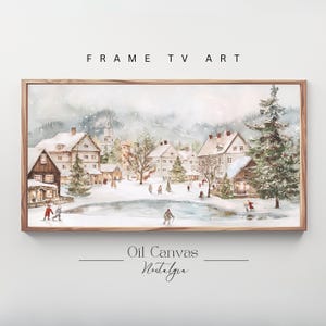 Samsung Frame TV Art Winter Village, dipinto natalizio vintage in stile fattoria, decorazioni per la casa delle feste, download digitale