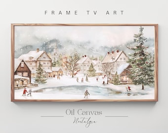Samsung Frame TV Art Winter Village , Vintage Farmhouse Christmas Painting, Holiday Home Decor, Digital Download