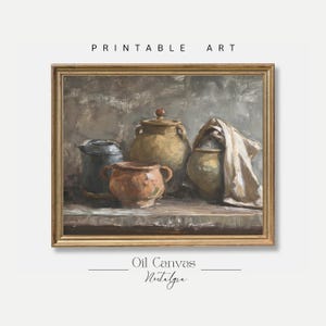 Vintage Still Life Kitchen Printable Wall Art, Farmhouse Decor Rustic Country Oil Painting, Clay Pots Design, Digital Download