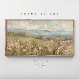May include: A framed oil painting on canvas depicting a landscape scene with a small house in the distance, surrounded by a field of wildflowers. The sky is a soft blue with white clouds. The painting is titled "Nostalgia" and is labeled "Oil Canvas".