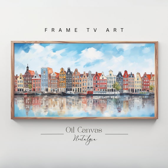 Samsung Frame TV Art - Amsterdam Canal Houses - European Oil Painting - Cityscape Urban Decor - Dutch Art - Digital Download