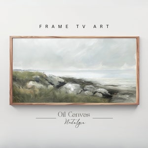 Vintage Neutral Beach Oil Painting Samsung Frame TV Art, Soft Coastal Seaside Landscape, Antique Muted Summer Wall Art, Digital Download
