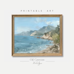 Printable Wall Art Vintage Beach Oil Painting, Summer Sea Art Ocean Decor, Costal Landscape, Blue Nautical Seascape, Digital Download