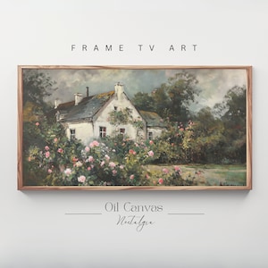 Samsung Frame TV Art Cottage Oil Painting, Summer Vintage Muted Landscape, Rustic European Villa Art, Farmhouse Decor, Digital Download