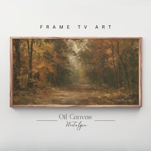 May include: A framed oil painting depicting a forest path with trees lining either side. The trees are in autumnal colours of yellow, orange, and brown. The path is dirt and leads into the distance. The painting is in a wooden frame.
