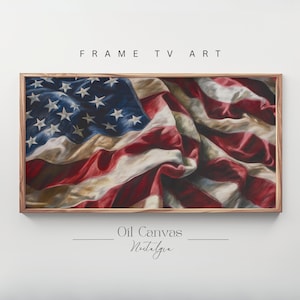 Puede incluir: Una pintura al óleo enmarcada de una bandera estadounidense drapeada y ondeando al viento. La bandera es roja, blanca y azul con un marco de madera.