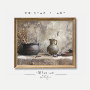 May include: A still life oil painting featuring a brown pot, a brown jug, and dried wheat stalks on a textured beige background. The painting is framed in a gold frame.