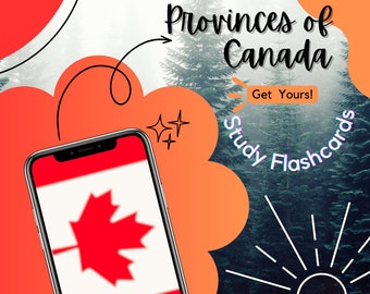 Conjunto de tarjetas didácticas digitales de las provincias de Canadá: ¡ayuda de estudio para estudiantes, nuevos canadienses, juegos de trivia y más!