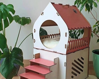 Pink,Two-Story Wooden Pet Shelter - Cat House, Wooden Pet House, Pet House Indoor,Pet Furniture