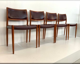 Niels O. Möller / J.L Möllers Denmark Nr. 80 Vintage 60s Mid-Century Teak + Leather Dining Chairs , Set of 4 * 4x Niels Möller Leder Stühle