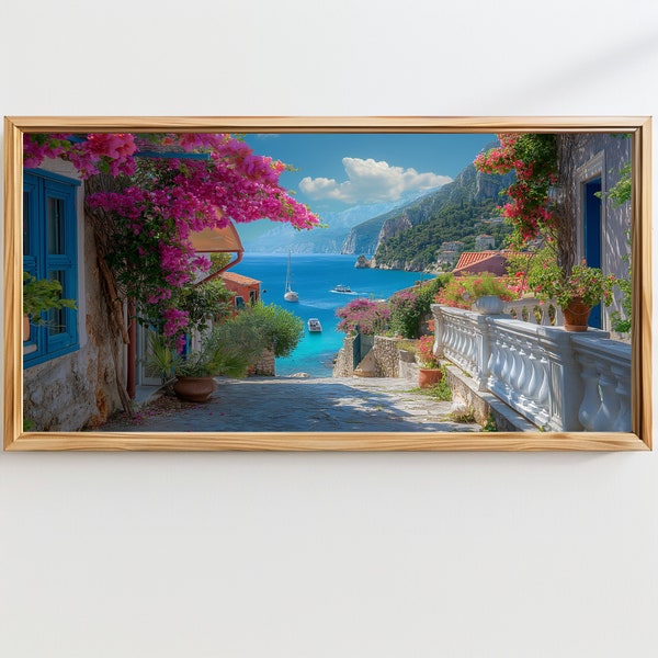 Mediterranean Landscape | Coastal Decor | Seaside Village | Nautical Wall Art | Riviera Scenic | Greece | Greek Village | Spring Flowers