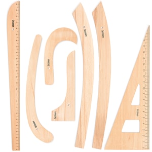 Setchmore handgemaakte 7-delige beukenhouten naailiniaalset, vintage patroonmakende liniaal voor modeontwerp, verschillende vormen houten Franse curveliniaal