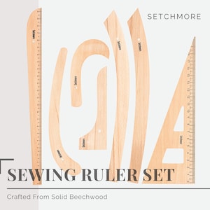 May include: A set of light-colored wooden sewing rulers in various shapes, including straight, curved, and triangular. The text "SEWING RULER SET" and "SETCHMORE" are visible. Crafted from solid beechwood.