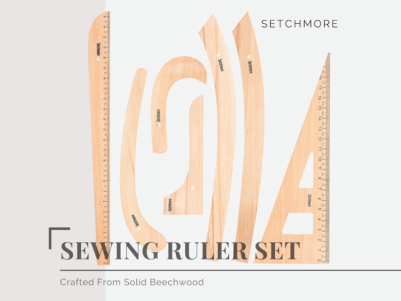 May include: A collection of light-coloured wooden sewing rulers in various shapes, including straight, curved, and triangular. The text "SEWING RULER SET" and "SETCHMORE" are visible. Crafted from solid beechwood.