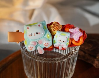 Kawaii Kitties Hair Clips, Decoden Y2K Hair Accessories, Cutecore Decora Barrettes, Set of 2