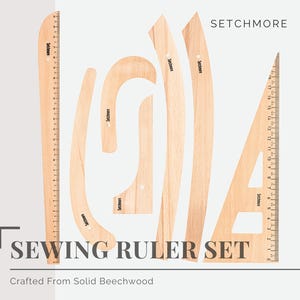 Setchmore Handmade 7 PCS BeechWood Sewing Ruler Set, Vintage Pattern Making Tailor Square French Curve Ruler for Fashion Design, Hip Curve