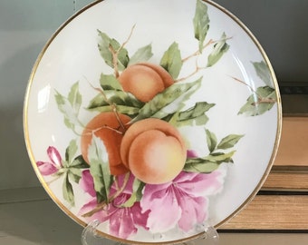 Vintage, Bavarian, fruit plate, porcelain, gold, trim, peach