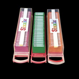 Könnte beinhalten: Drei rechteckige Aufbewahrungsboxen für Sizzix-Stanzschablonen, jeweils mit Griff und durchsichtigem Kunststoffdeckel. Die linke Box enthält pinke, die mittlere grüne und die rechte orangefarbene Schablonen. Jede Box ist mit einem Sizzix-Markenetikett versehen.