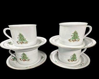 Tienshan Holiday Hostess Christmas Tree Coffee Cup And Saucer set of 4